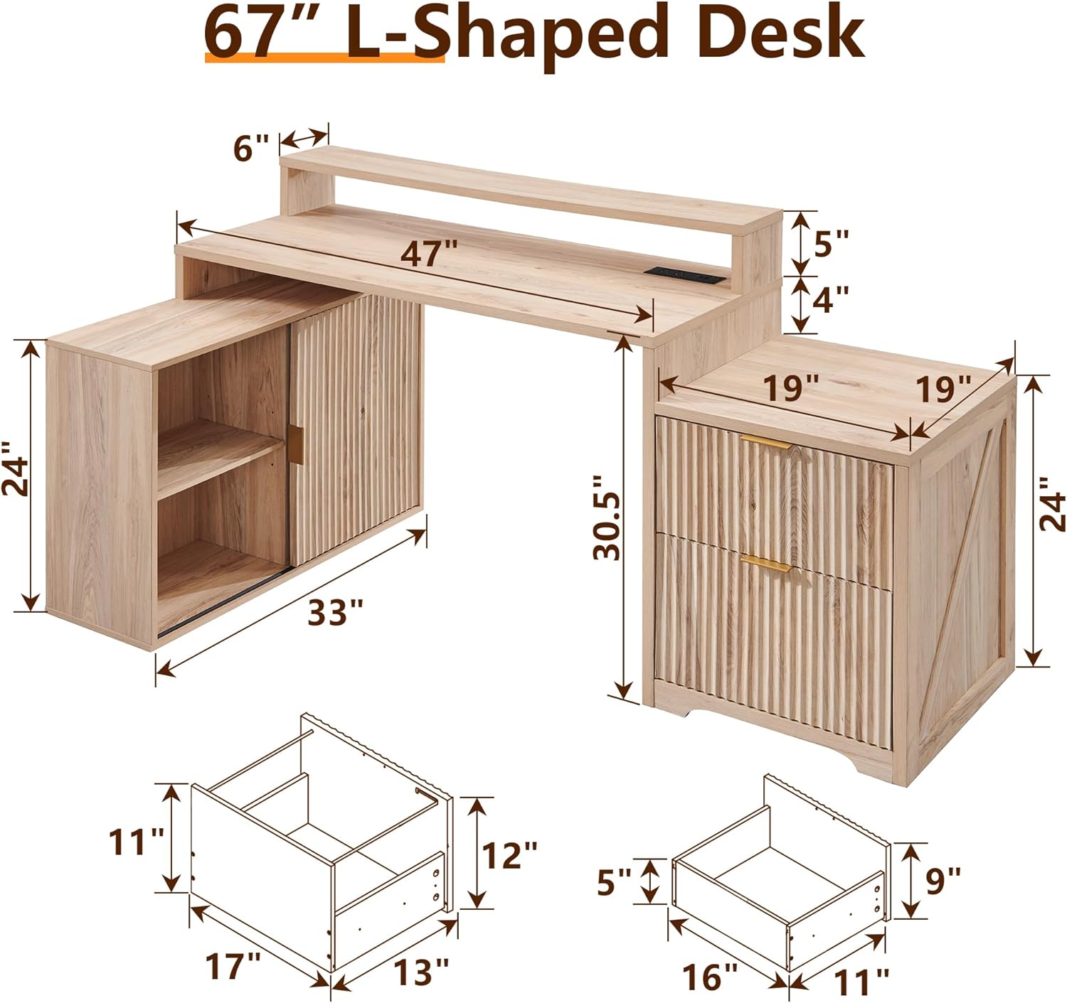 JXQTLINGMU 67" Modern L Shaped Desk with Storage Cabinet & Drawers, Wood Home Office Desk with Power Outlets, Fluted Computer Writing Desk, Natural Oak
