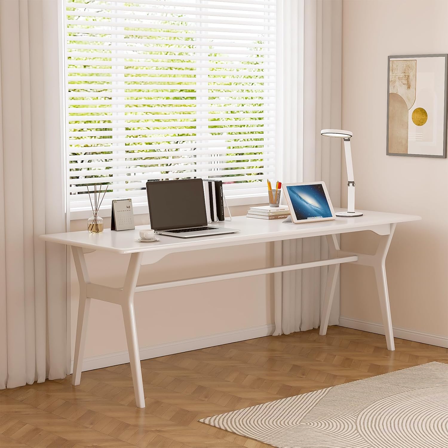 Solid Wood Study Desk - 71" Double Long Computer Table for Home Office, 2-Person PC Workstation, White