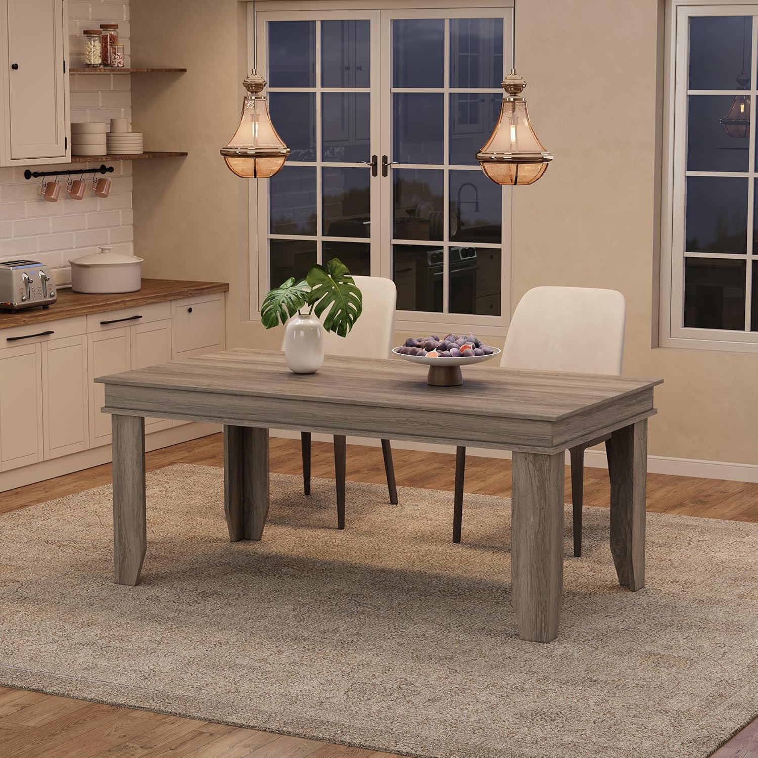 GarveeHome Farmhouse Dining Table for 4-6 People, 63 in Long Kitchen Tables with Wooden Sturdy Frame, 5 ft Large Rectangular Dinner Table for Dining Room, Kitchen, Grey Walnut, 63" Non-extendable
