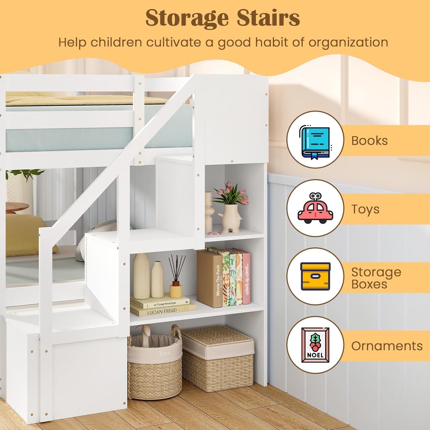 Giantex Twin Over Twin Bunk Bed with Stairs, Solid Wood Floor Bunk Bed with Storage Staircase & Full-Length Guardrails, Low Bunk Bed with for Kids, Teens, Adults, Dorm, Small Space, White