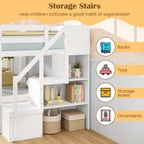 Giantex Twin Over Twin Bunk Bed with Stairs, Solid Wood Floor Bunk Bed with Storage Staircase & Full-Length Guardrails, Low Bunk Bed with for Kids, Teens, Adults, Dorm, Small Space, White