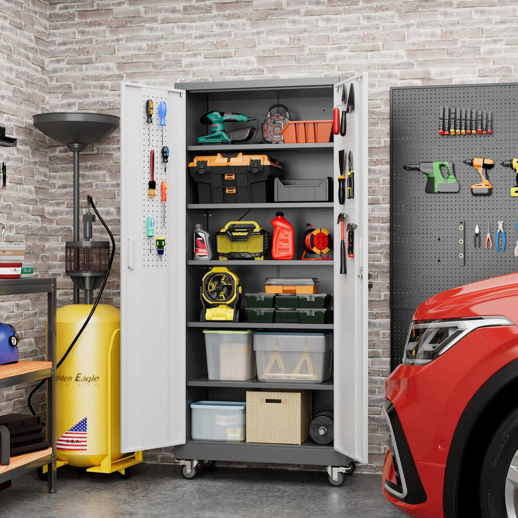 71" H Metal Storage Cabinet with Wheels and Pegboard, Lockable Steel Garage Storage Cabinet with 5 Adjustable Shelves and Door for Garage, Office, Kitchen, Assembly Required（Grey and White）