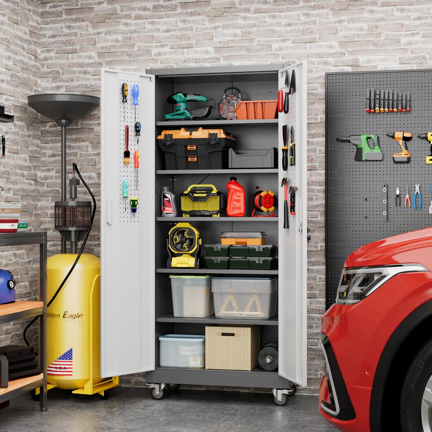 71" H Metal Storage Cabinet with Wheels and Pegboard, Lockable Steel Garage Storage Cabinet with 5 Adjustable Shelves and Door for Garage, Office, Kitchen, Assembly Required（Grey and White）