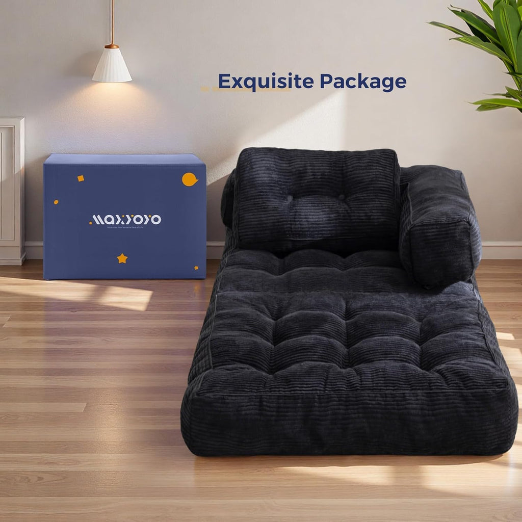 MAXYOYO Folding Sofa Bed, L-Shaped Convertible Sofa with Armrest Foldable Sleeper Bed with Pillow, Portable Fold Out Chair Comfy Floor Lounge for Living Room Bedroom, Black