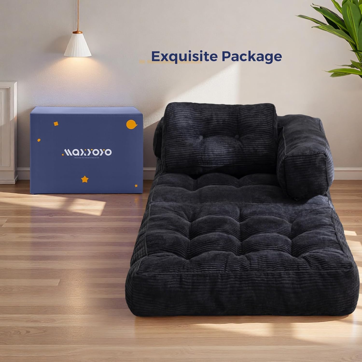 MAXYOYO Folding Sofa Bed, L-Shaped Convertible Sofa with Armrest Foldable Sleeper Bed with Pillow, Portable Fold Out Chair Comfy Floor Lounge for Living Room Bedroom, Black