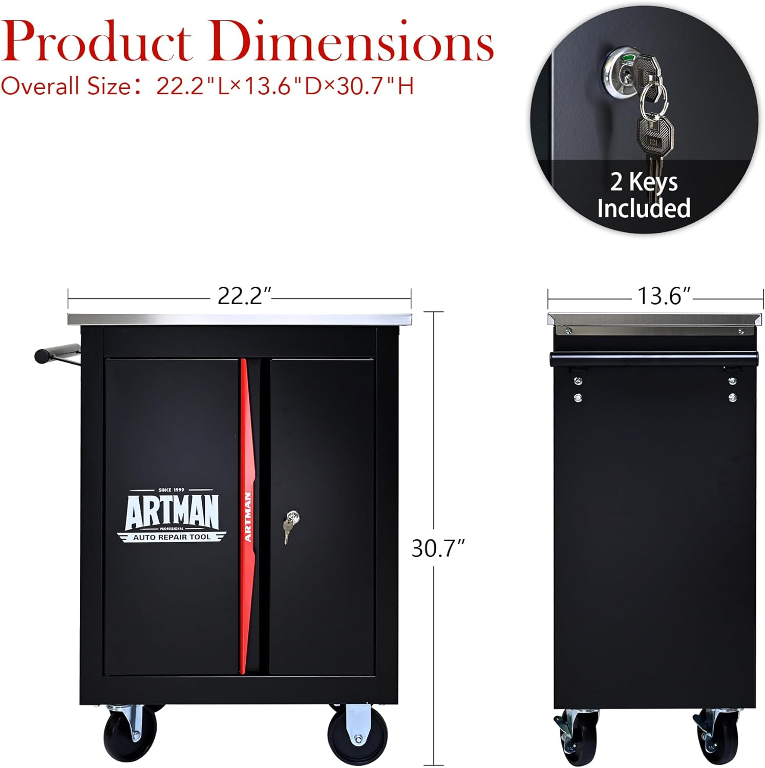 Artman Double Door Rolling Tool Chest, Black & Red Modular Tool Box with Wheels, Heavy-Duty Rolling Tool Cabinet for Garage & Workshop Storage