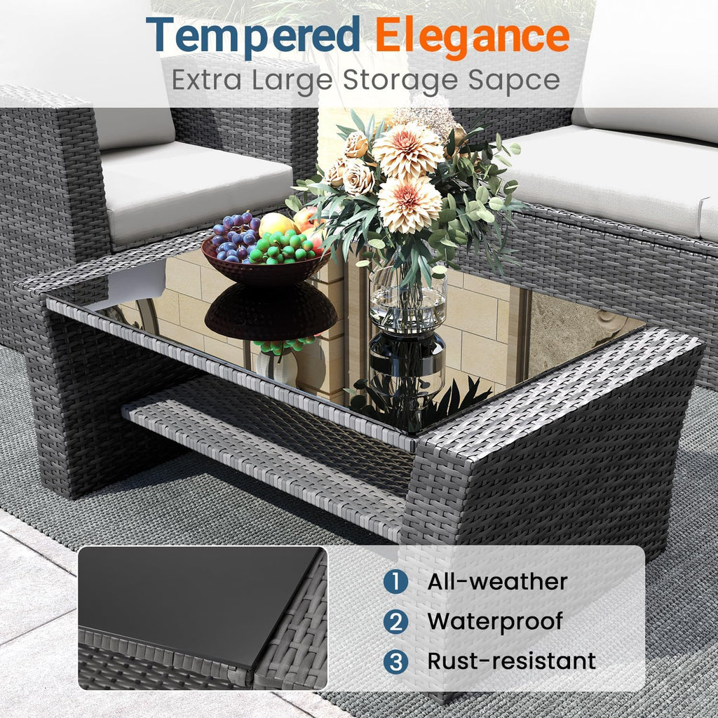 Wisteria Lane 4 Piece Patio Furniture Set  Wicker Outdoor Patio Conversation Furniture Set  All Weather Outdoor Patio Sofa with Cushion and Glass Table  Ash Gray