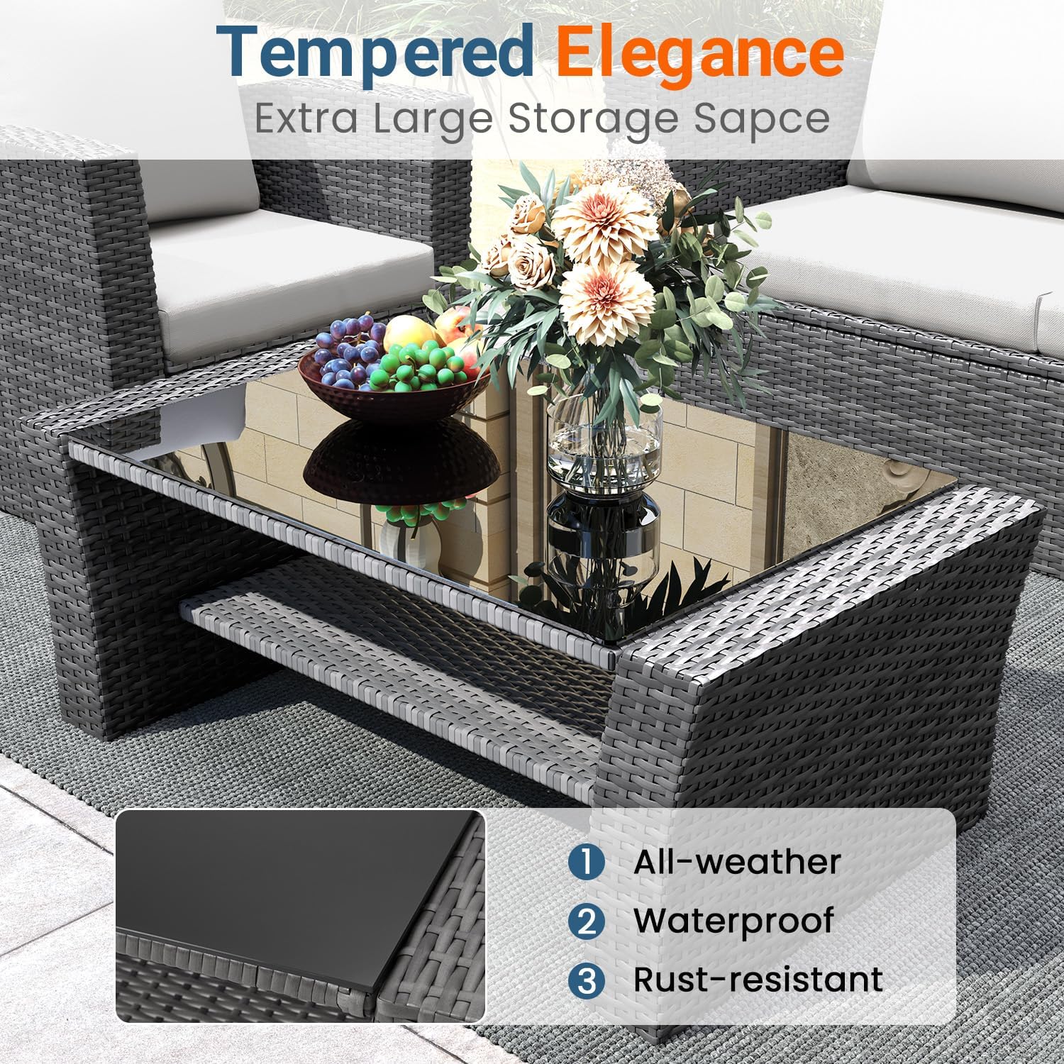 Wisteria Lane 4 Piece Patio Furniture Set  Wicker Outdoor Patio Conversation Furniture Set  All Weather Outdoor Patio Sofa with Cushion and Glass Table  Ash Gray