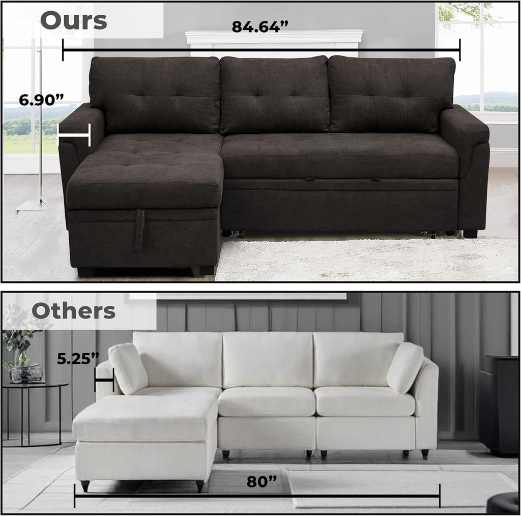 Multifunctional Sectional Sofa with Pull-Out Sleeper Bed & Hidden Storage – Reversible Chaise Espresso,Velvet – Space-Saving, Durable, Stylish & Easy DIY Assembly for Apartments & Small Homes
