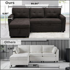 Multifunctional Sectional Sofa with Pull-Out Sleeper Bed & Hidden Storage – Reversible Chaise Espresso,Velvet – Space-Saving, Durable, Stylish & Easy DIY Assembly for Apartments & Small Homes