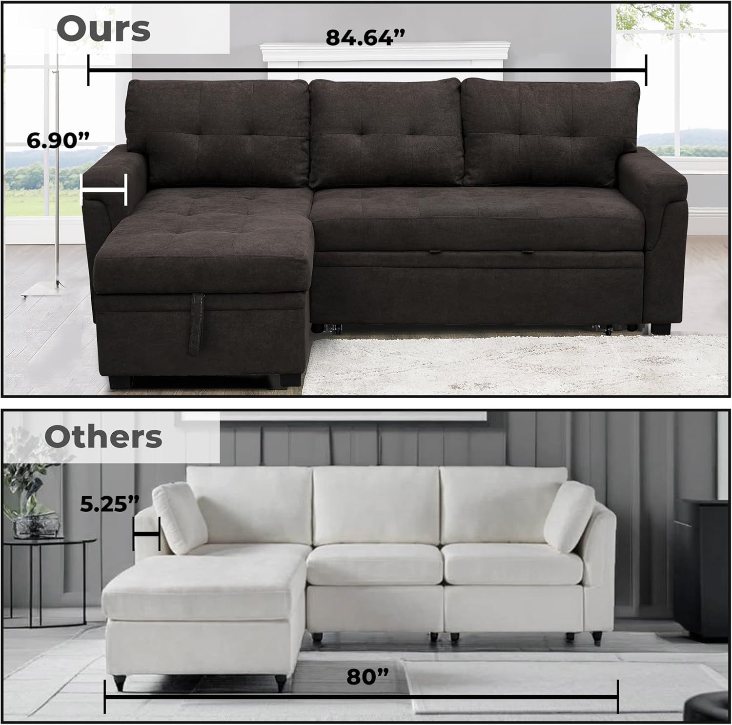 Multifunctional Sectional Sofa with Pull-Out Sleeper Bed & Hidden Storage – Reversible Chaise Espresso,Velvet – Space-Saving, Durable, Stylish & Easy DIY Assembly for Apartments & Small Homes