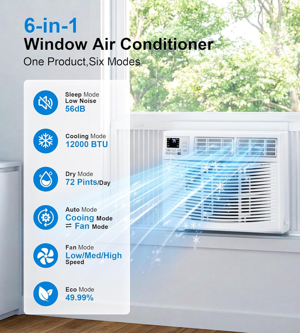 AKIRES Window Air Conditioner, 12,000BTU Air Conditioner Window Unit, Cools up to 550 Sq. Ft, Window AC with Cool, Fan, Dry, Sleep, Energy Saver, and Auto,6 Modes,24H Timer,Easy Install,Home,Office