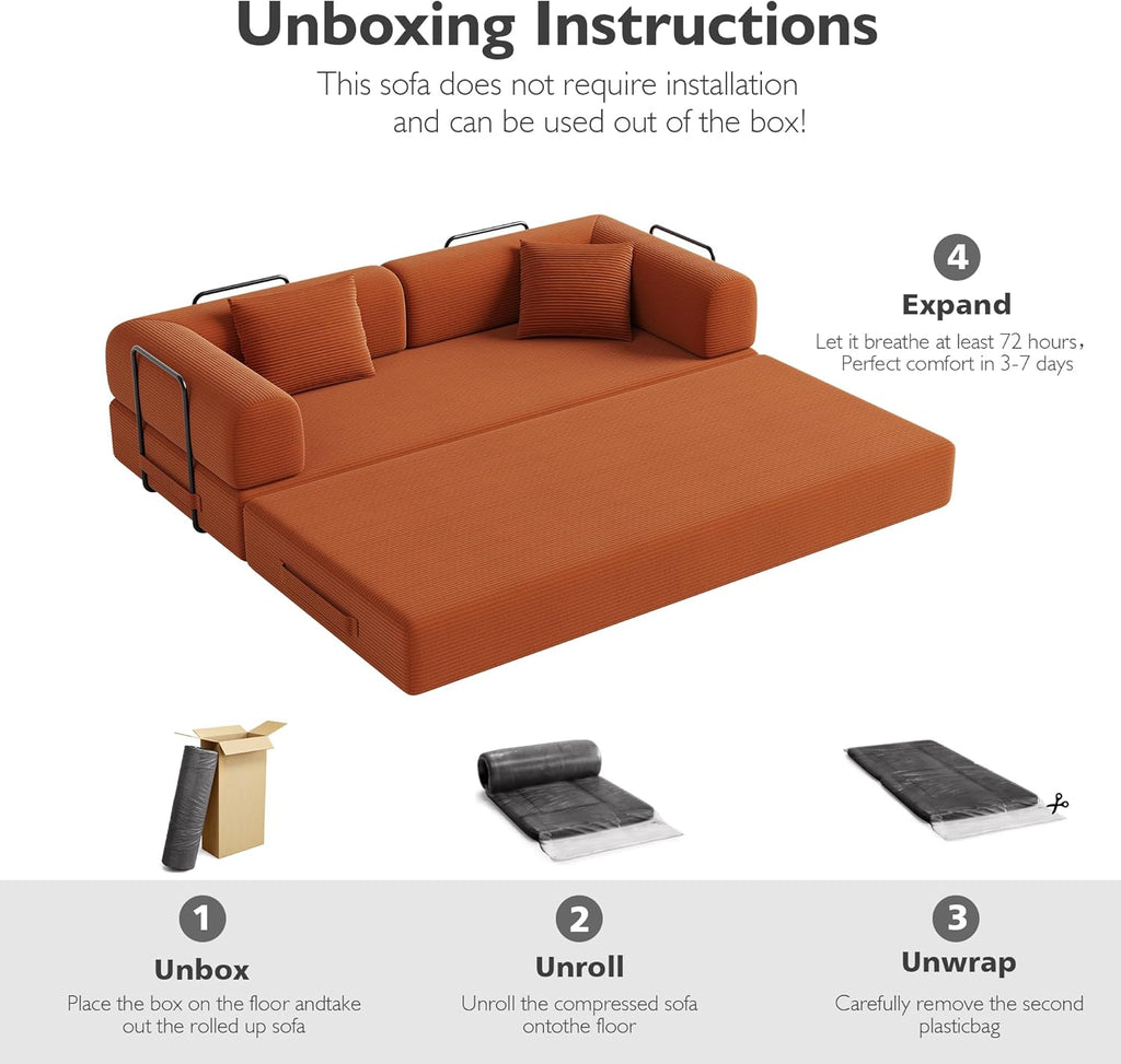 79in Convertible Sofa Bed, Corduroy Boneless Couch Bed, Futon Sleeper Sofa Pull Out Bed, Foldable Couch for Living Room Apartment, No Assembly Required