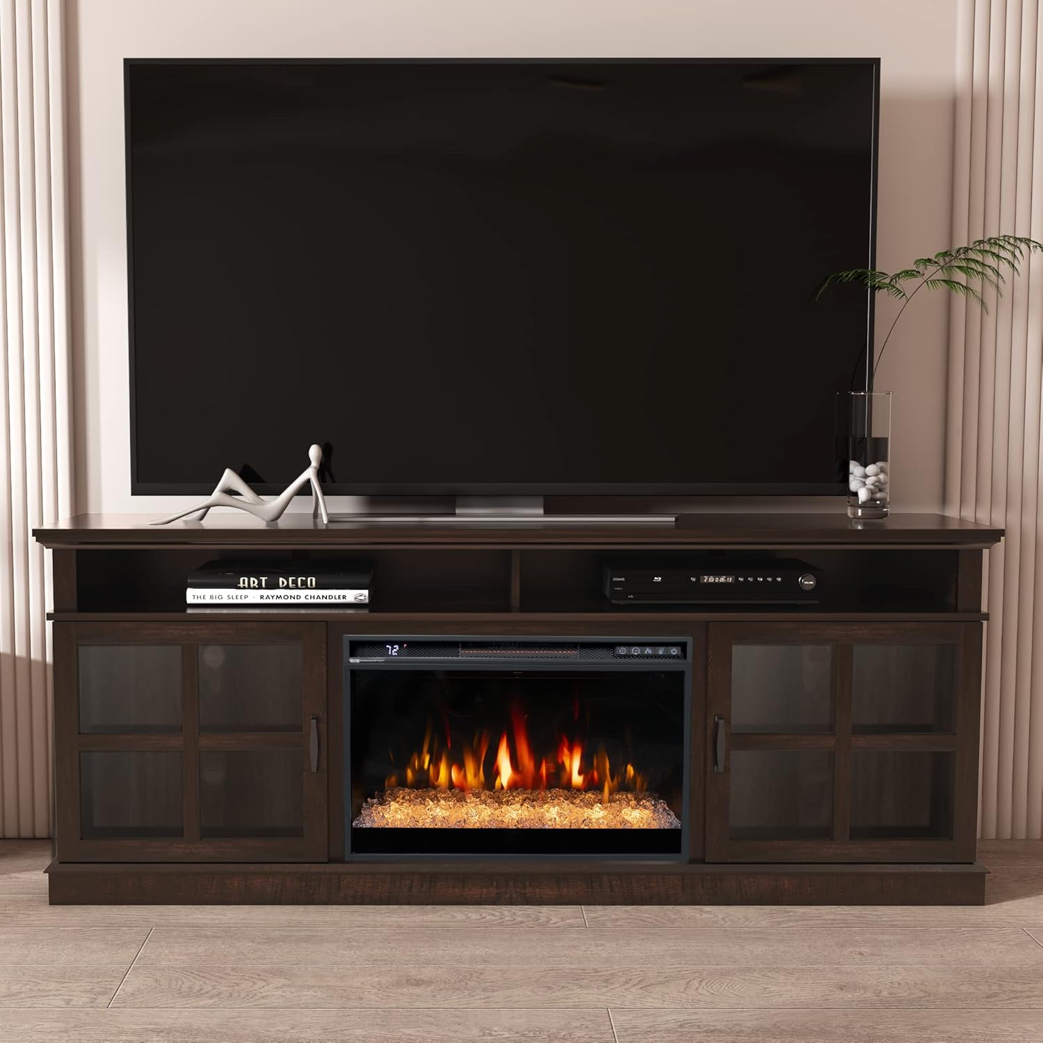 72" Fireplace TV Stand for TVs Up to 80", Entertainment Center with 26" Electric Fireplace, 5 Flame Colors Control with Remote, Modern Farmhouse Cabinet Console Glass Door, Brown