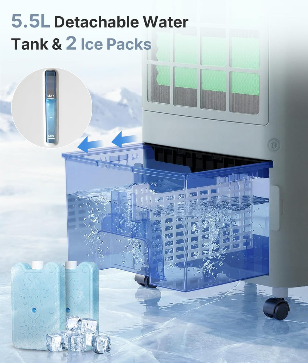 3-in-1 Evaporative Air Cooler - Portable Swamp Cooler Air Conditioner with 5.5L Water Tank & 2 Ice Packs, 3 Speeds, 3 Modes, Cooling Fans that Blow Cold Air for Home & Office, Mother's Day