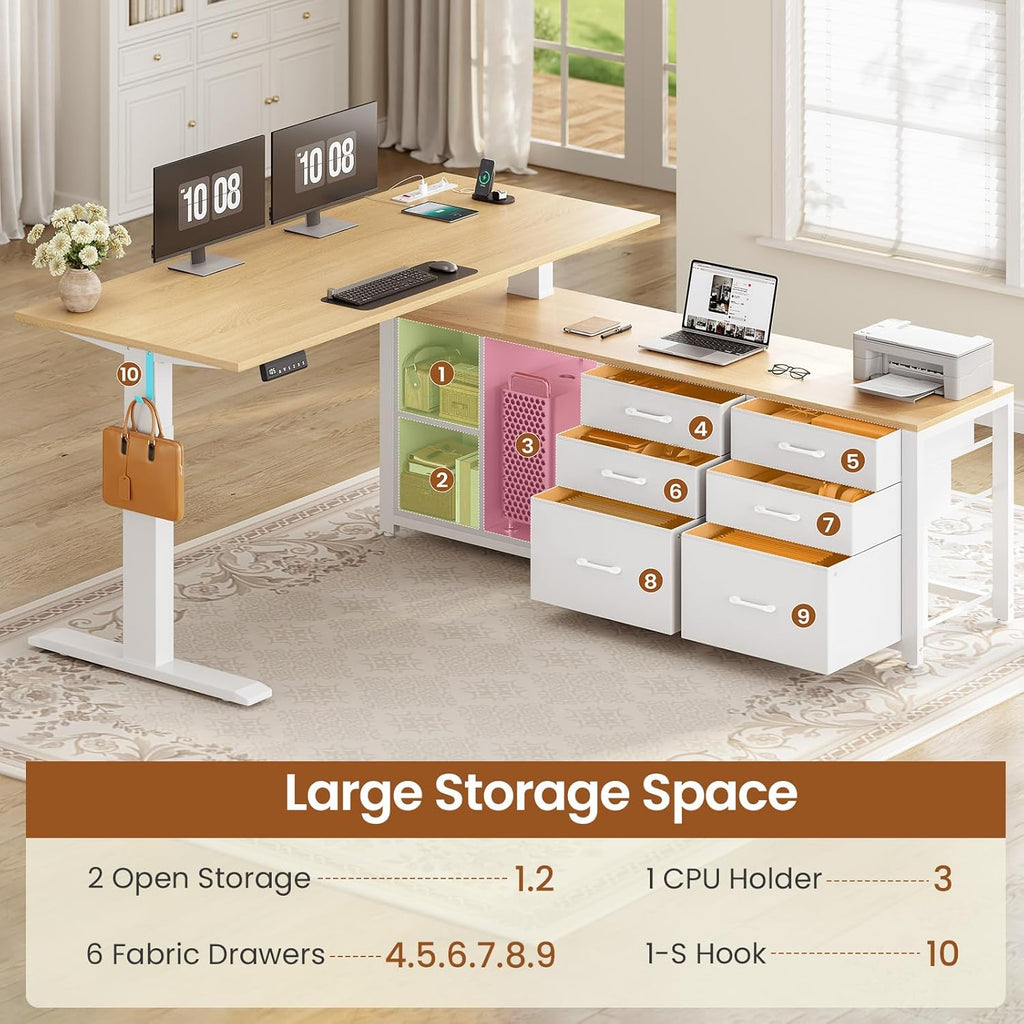 SEDETA L Shaped Electric Standing Desk, 55" x 55" Height Adjustable Office Executive Desk with 6 Fabric Drawers and Storage Shelves, Sit Stand Computer Desk with Power Outlet for Home Office (Oak)