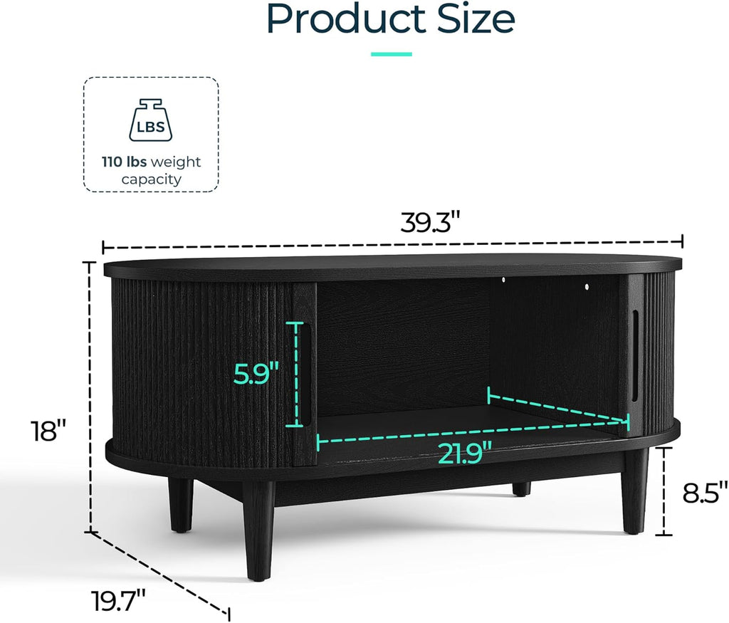 LINSY HOME Round Coffee Table, 31.5" Drum Coffee Table with Sliding Tambour Door, Fluted Accent Center Table with Storage, Mid Century Modern Coffee Table for Living Room (Oval Black)