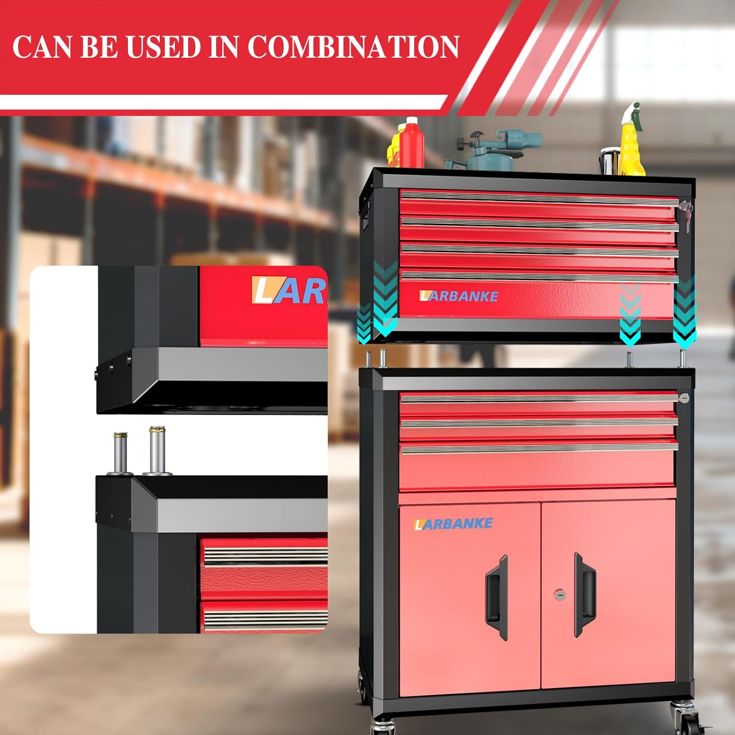 LARBANKE 4-Drawer Tool Box, Portable Tool Box with Lock&Keys,Toolbox with Waterproof and Rust-resistant Countertop,Anti-collision Corner,Special Connection Rods for Stacking with 5/7-Drawer Tool Chest