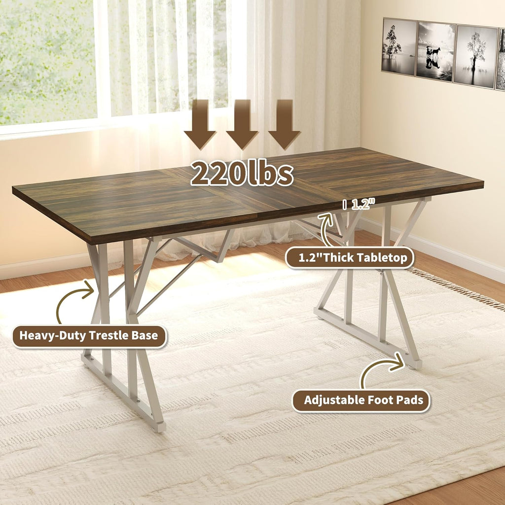 HOMCOM 47"-63" Expandable Dining Table for 4-6 People, Farmhouse Dinner Table with Heavy Duty Metal Trestle Base, Rectangle Kitchen Desk, Distressed Brown