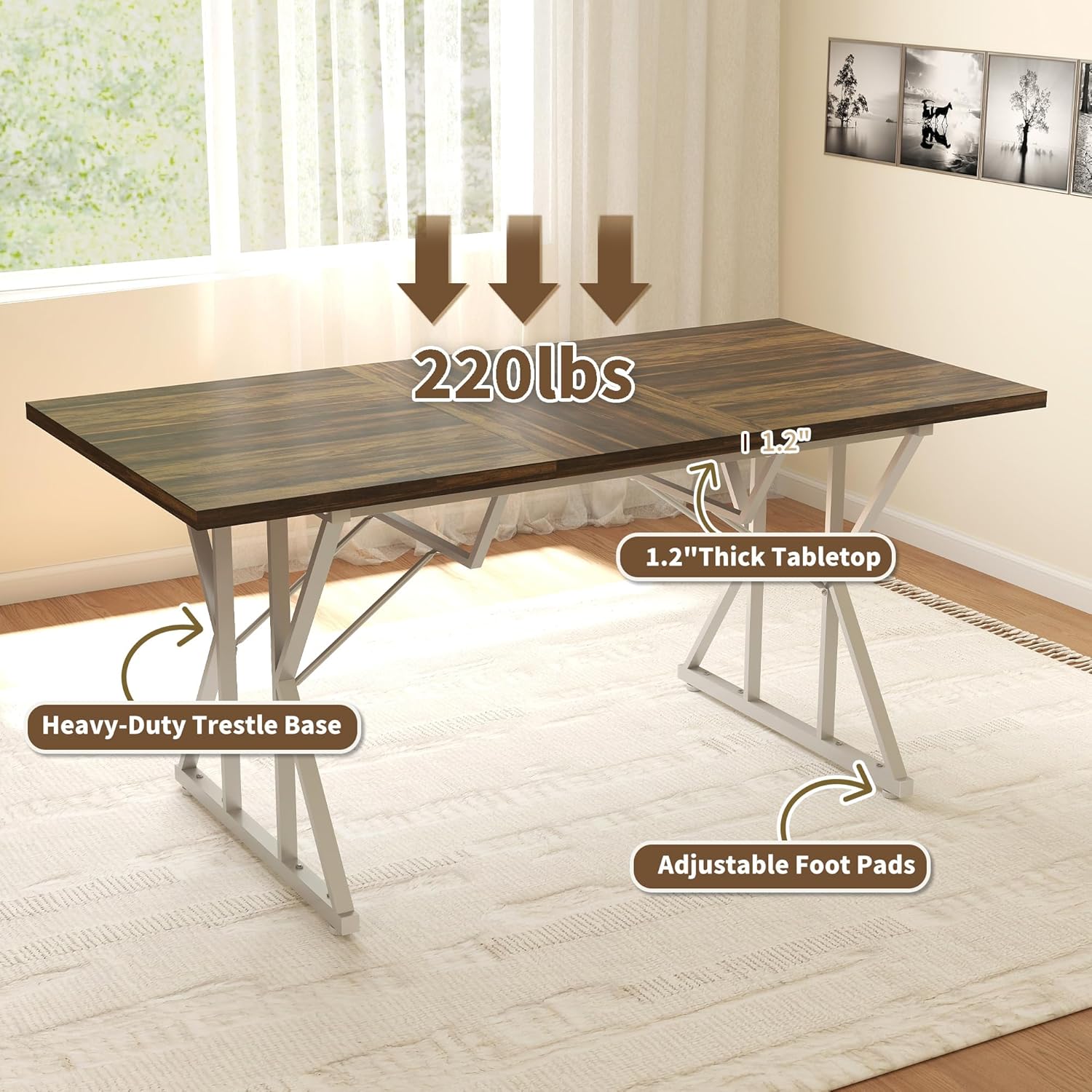 HOMCOM 47"-63" Expandable Dining Table for 4-6 People, Farmhouse Dinner Table with Heavy Duty Metal Trestle Base, Rectangle Kitchen Desk, Distressed Brown