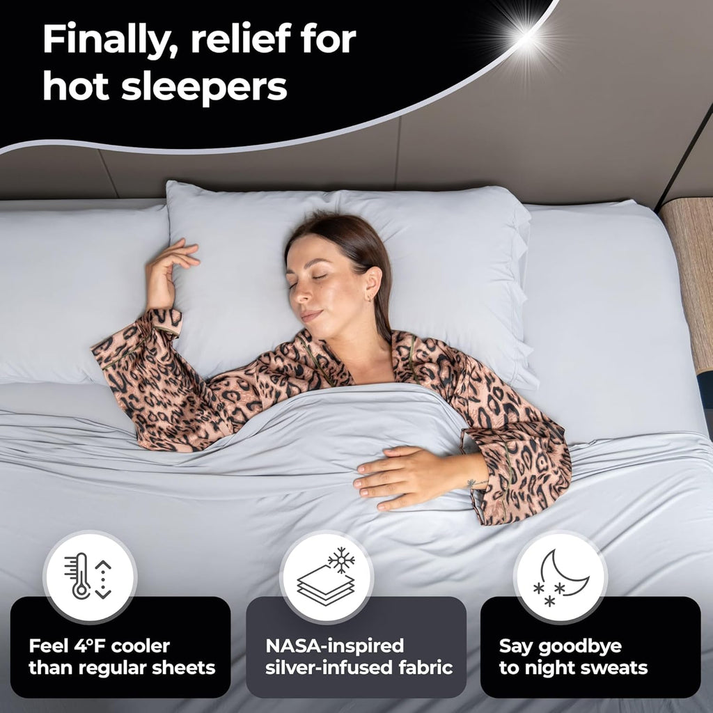 Silvery Restcool™ Silver Infused Bed Sheets Set - Award-Winning Self-Cooling Fabric for Hot Sleepers with Self-Cleaning Silvery Technology™ That Stays Fresh 3X Longer (Gray, King)