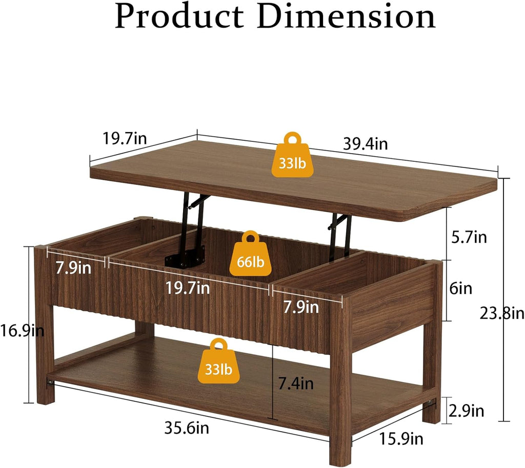 Lift Top Coffee Table with Storage for Living Room, 2-in-1 Modern Center Table & Desk with Hidden Storage Compartment & Open Shelf, Space Saving for Small Space & Apartment (Walnut)