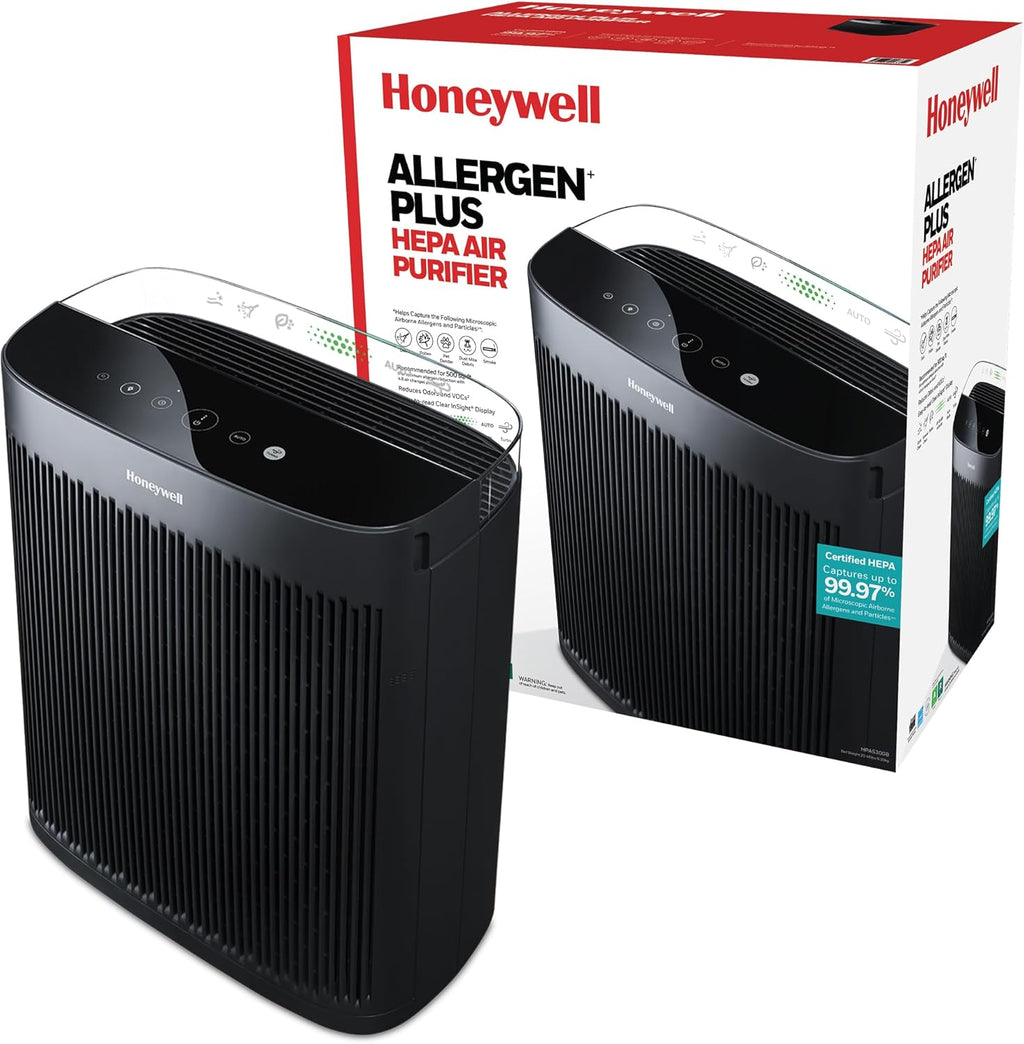 Honeywell HEPA Air Purifier for Home, 2423 Ft² Rooms in 1 hour, Air Quality Monitor, Auto Mode, Reduces Allergens, Dust, Pollen, Pet Dander, Odors, Smoke, Black, HPA5300B