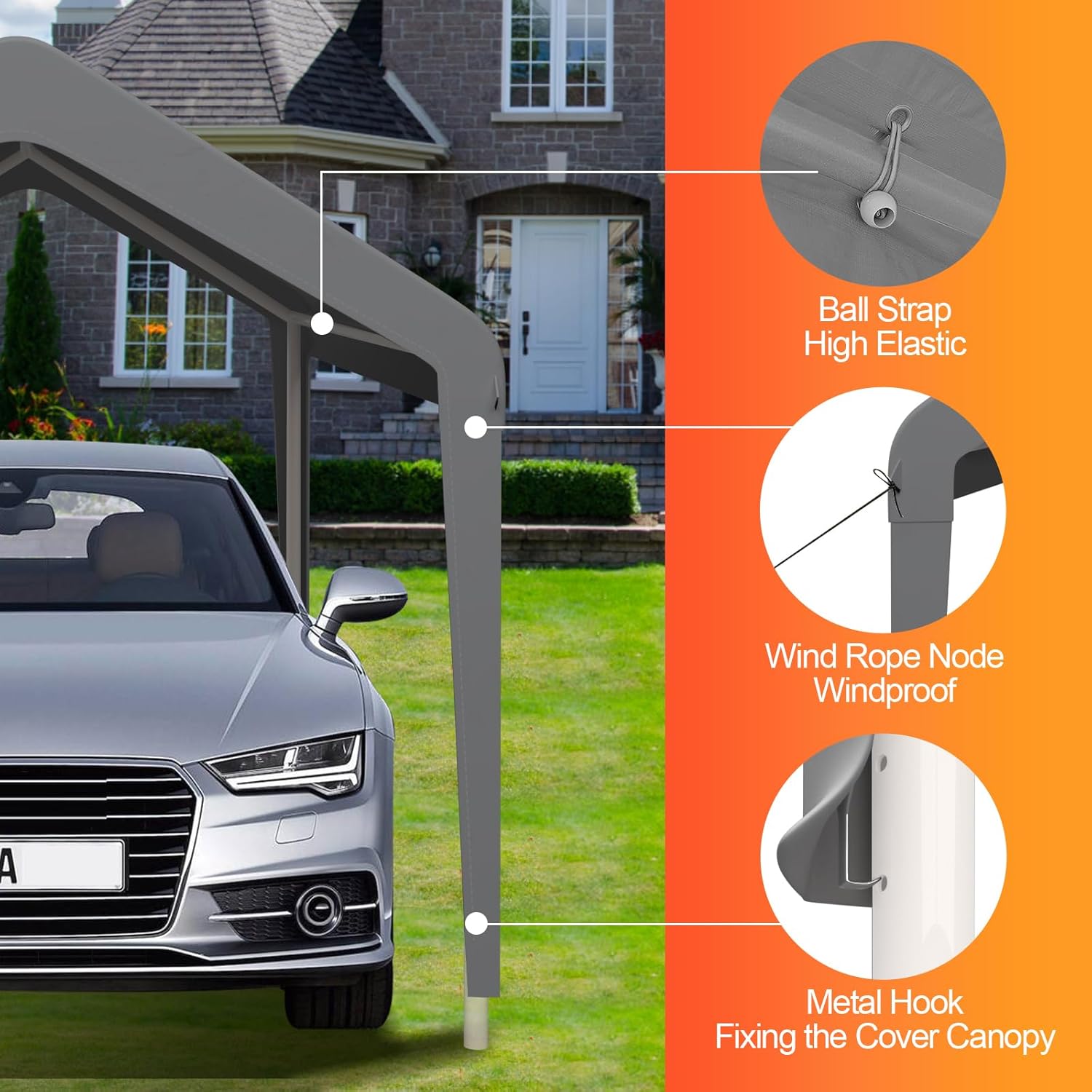 Carport Canopy 10'x20' Heavy Duty Replacement Cover, Garage Shelter Cover 800D Oxford Waterproof & UV Protected Tarp with Ball Bungees, Not Include Frame（Gray）