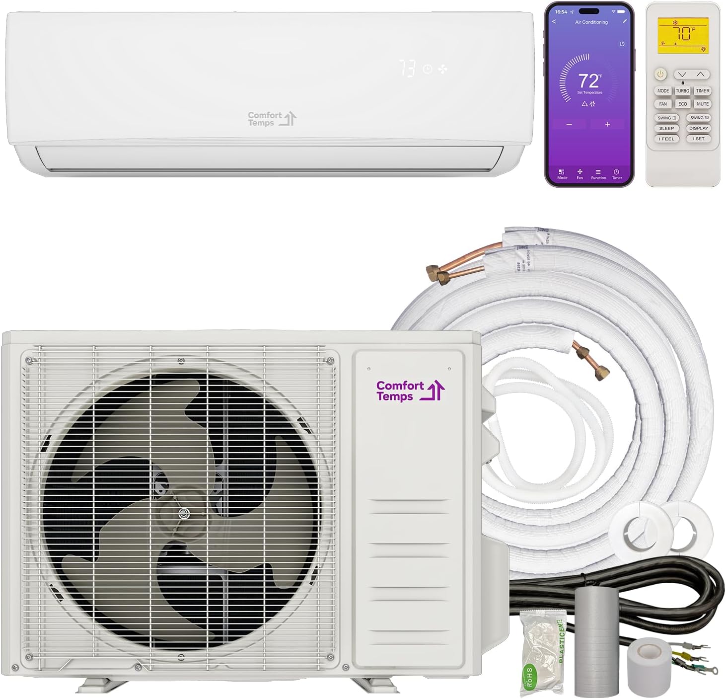 ComfortTemps Elite Series - Energy-Saving 9000 BTU Mini Split 110V – 19 SEER, Pre-Charged, Ductless, Quiet & Comfortable Mini Split AC/Heating System with WiFi & Complete Easy Install Kit