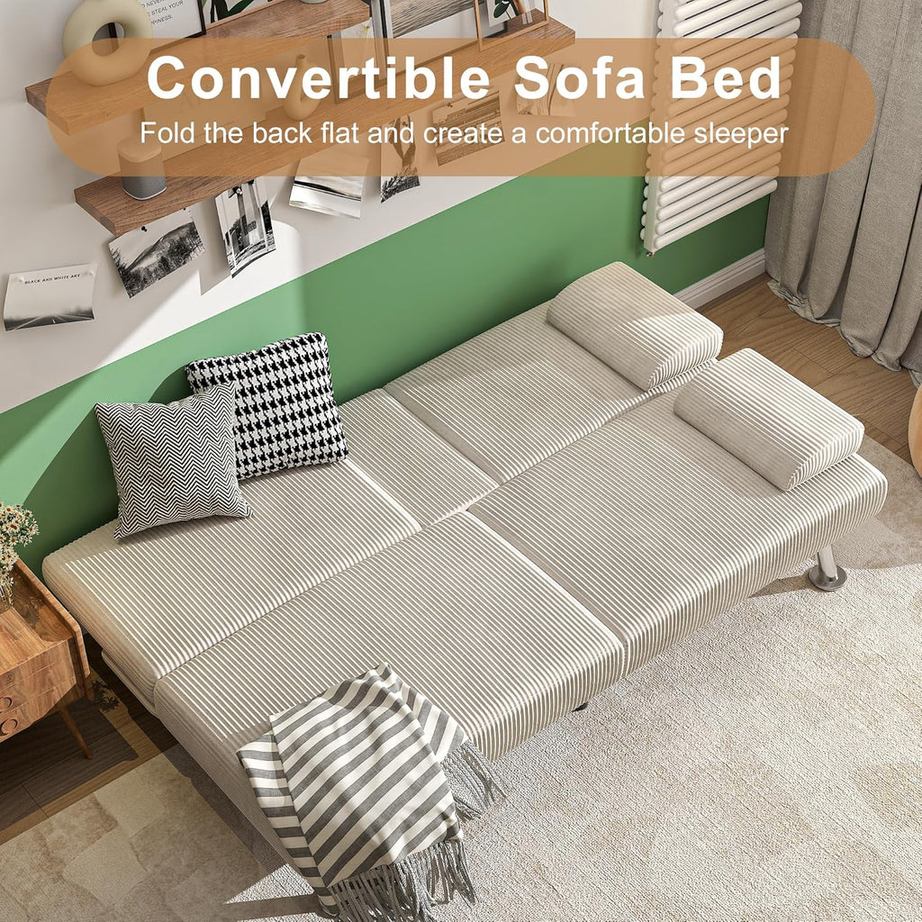 Shahoo Modern Upholstered Convertible Folding Futon Sofa Bed with Removable Armrests, Metal Legs, 2 Cup Holders for Living Room, Beige