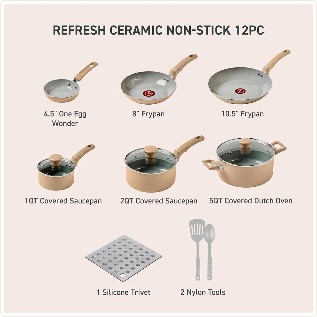 T-Fal Refresh Ceramic Nonstick Cookware Set, 12-Piece, Oven Safe to 350°F, Includes Stockpot, Griddle, Frying Pans, Utensils, Ceramic Pots and Pans Set, Sand Beige