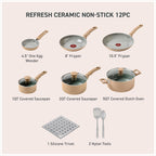 T-Fal Refresh Ceramic Nonstick Cookware Set, 12-Piece, Oven Safe to 350°F, Includes Stockpot, Griddle, Frying Pans, Utensils, Ceramic Pots and Pans Set, Sand Beige