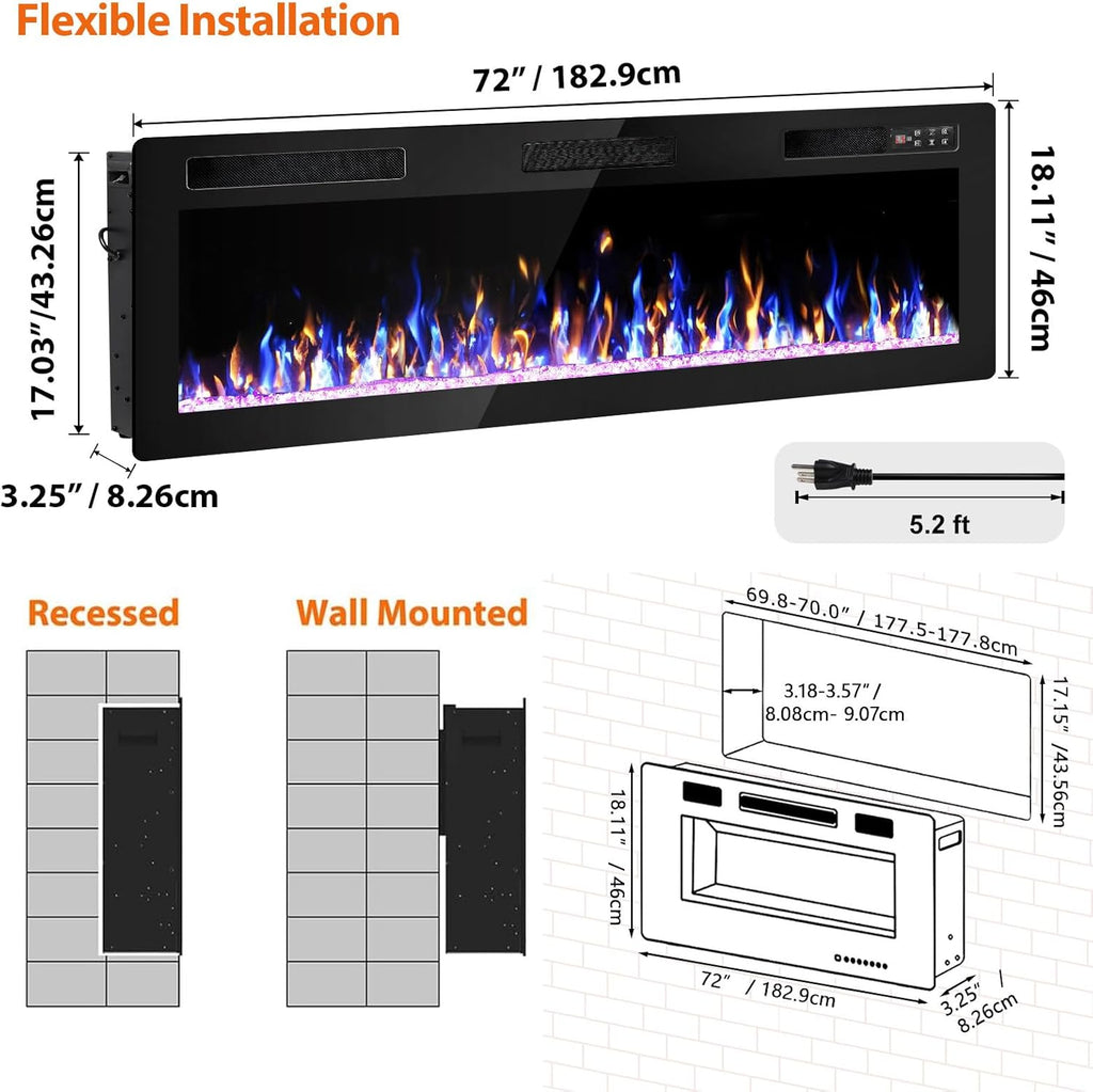72 Inch Electric Fireplace, Ultra-Thin Fire Places Electric Fireplace Inserts Recessed and Wall Mounted with Remote Control & Touch Screen, 750W/1500W Fireplace Electric Heater with Timer, Multi-Flame