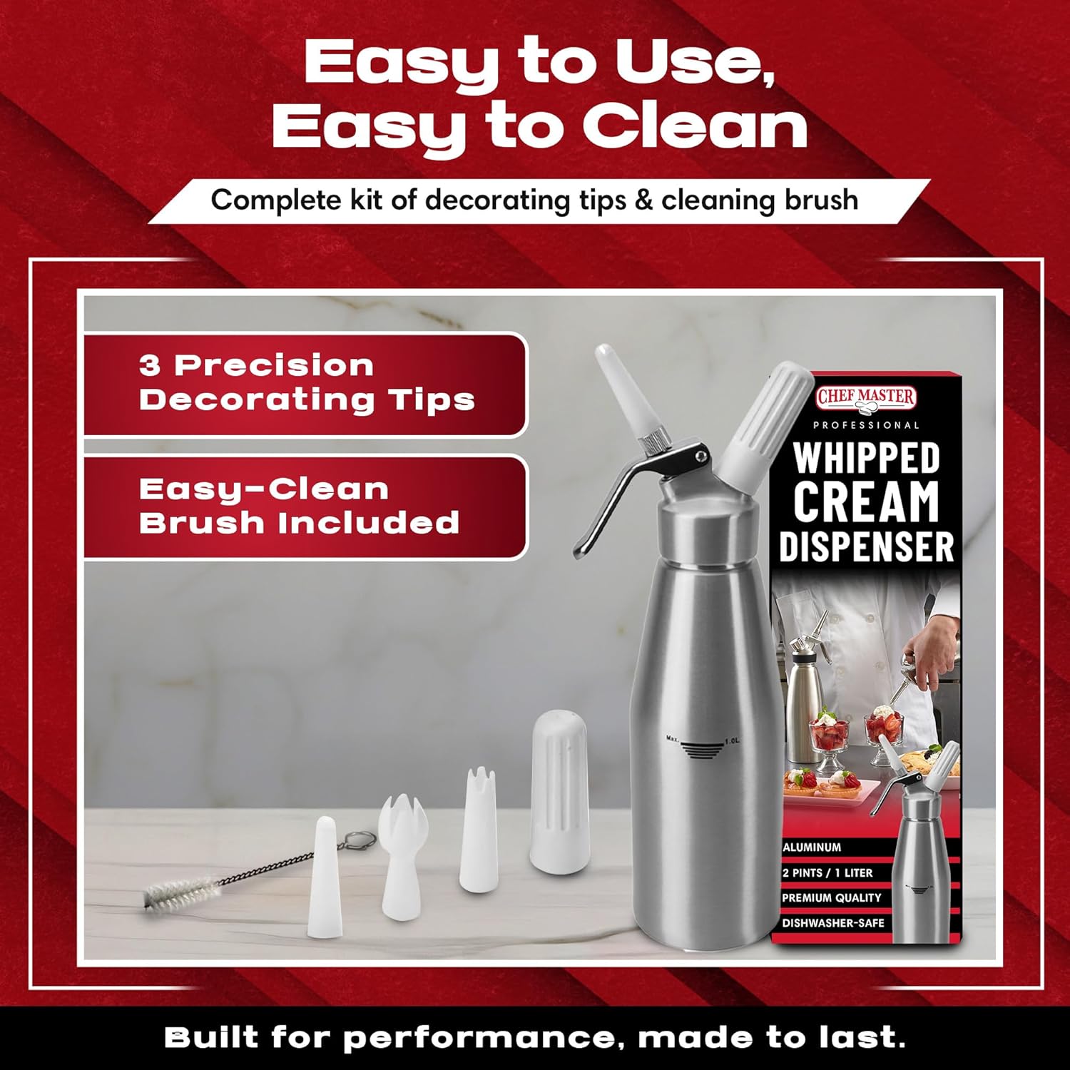 Chef Master (2 Pint / 1 Liter) Aluminum Whipped Cream Dispenser - Decorating Tips for Desserts, Coffee, Latte + Cleaning Brush - Whip Cream Dispenser Canister for Home, Bakery or Restaurant - 90077