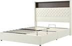 Merax Queen Size Velvet Bed Frame with 52'' High Headboard, USB Charging Port and Night Light, Soft Tufted Upholstered & Rivet Decoration, Wing-Back Platform Bed, Beige