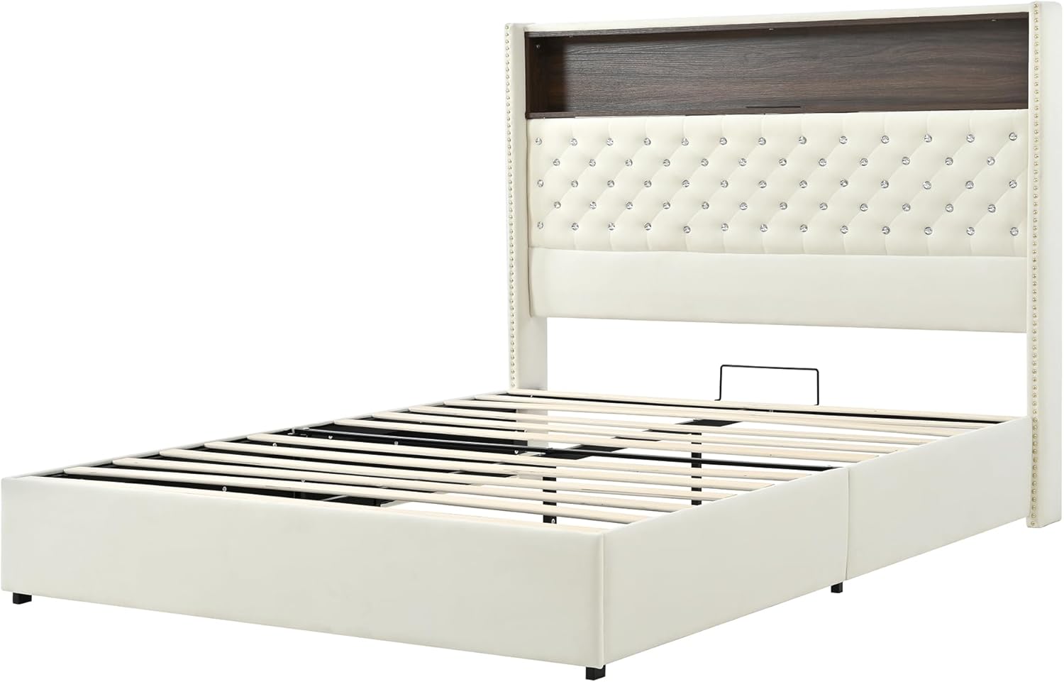 Merax Queen Size Velvet Bed Frame with 52'' High Headboard, USB Charging Port and Night Light, Soft Tufted Upholstered & Rivet Decoration, Wing-Back Platform Bed, Beige