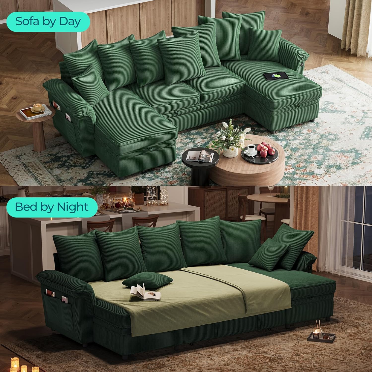 LINSY HOME Oversized Sectional Sleeper Sofa with Pull Out Couch Bed (Green, 118.5'') | USB Charging, Pillow-style Armrest, Multiple Cushions, Storage Chaise, Corduroy Fabric