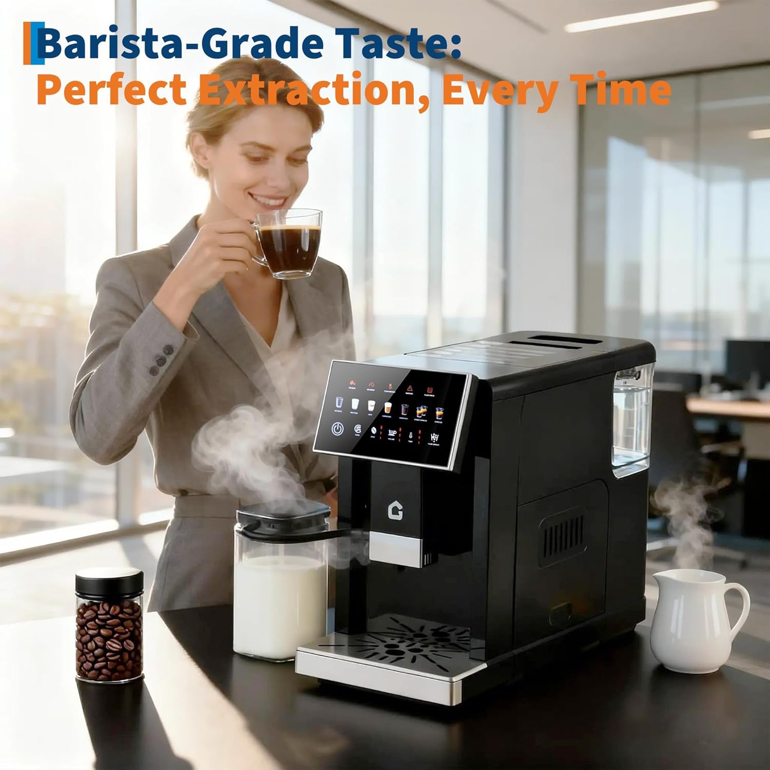 3rd-Gen Espresso Coffee Maker with Milk Frother - Removable Brewer & Grinder, Adjustable Coarseness/Flavor, 3-Level Coffee/Milk Volume, Detachable Milk Tank - Sleek Black Spray Paint for Home Baristas