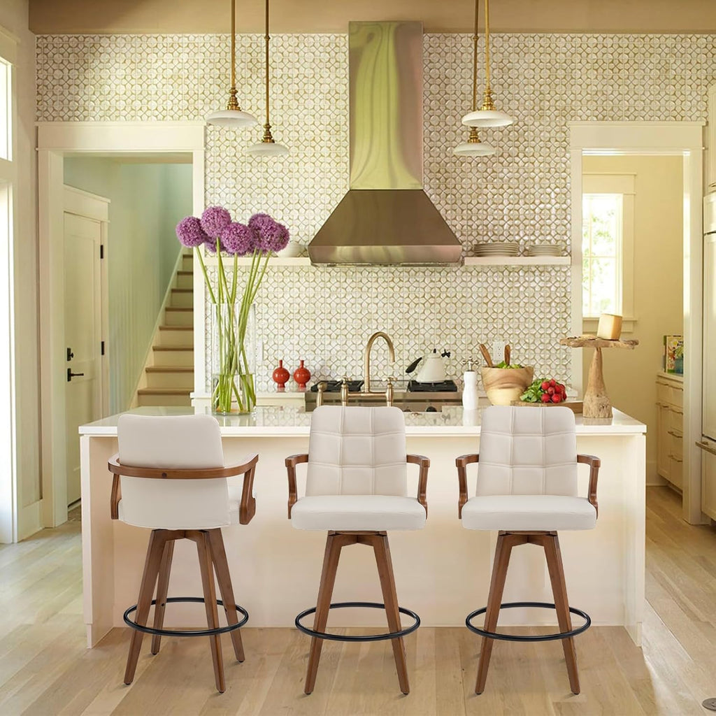 26” Counter Height Bar Stools,Leather Upholstered Bar Chair, Swivel Bar Stools with Back and Arms .Modern Beige Barstool Set of 2 for Kitchen Island