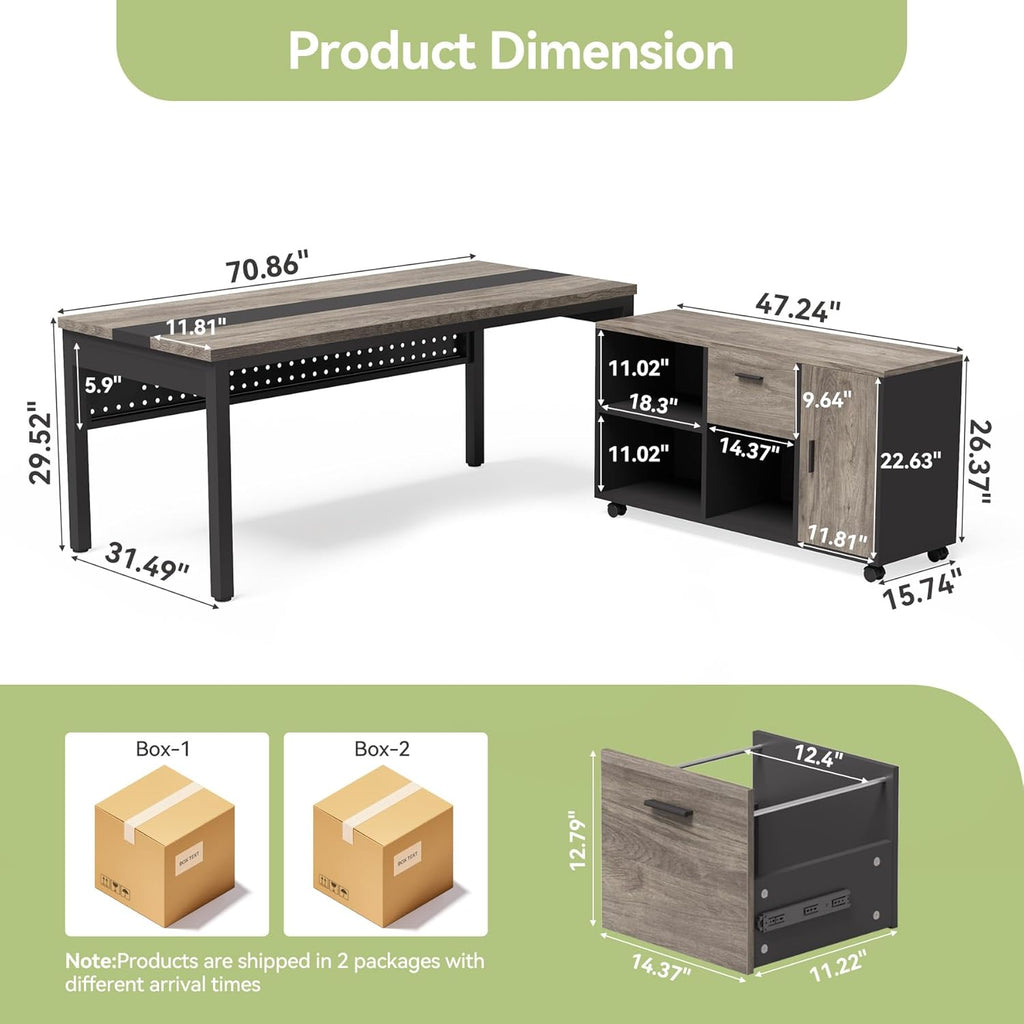 LITTLE TREE 70.8" Executive Desk with Lateral File Cabinet, Modern Thickened Wooden Workstation L-Shaped Computer Desk Large Home Office Writing Desk for Home Office