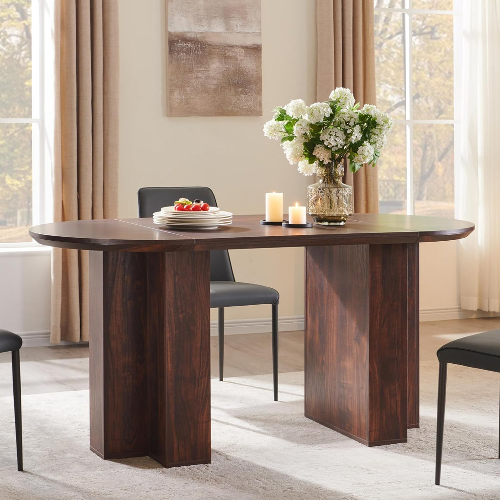 OKD 63 Inch Modern Wood Oval Dining Table for 4-6, Dining Room Table with Stable T-Shaped Base & Metal Frame & Thick Tabletop, Sturdy Kitchen Table for Dinner Room, Kitchen, Gathering, Dark Walnut