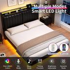Queen Size Floating Bed Frame with Ergonomic Hidden Storage Headboard and LED Lights, Visual Floating LED Bed Frame with Charing Station, Leather Upholstered Platform Bed, Heavy Duty, Black