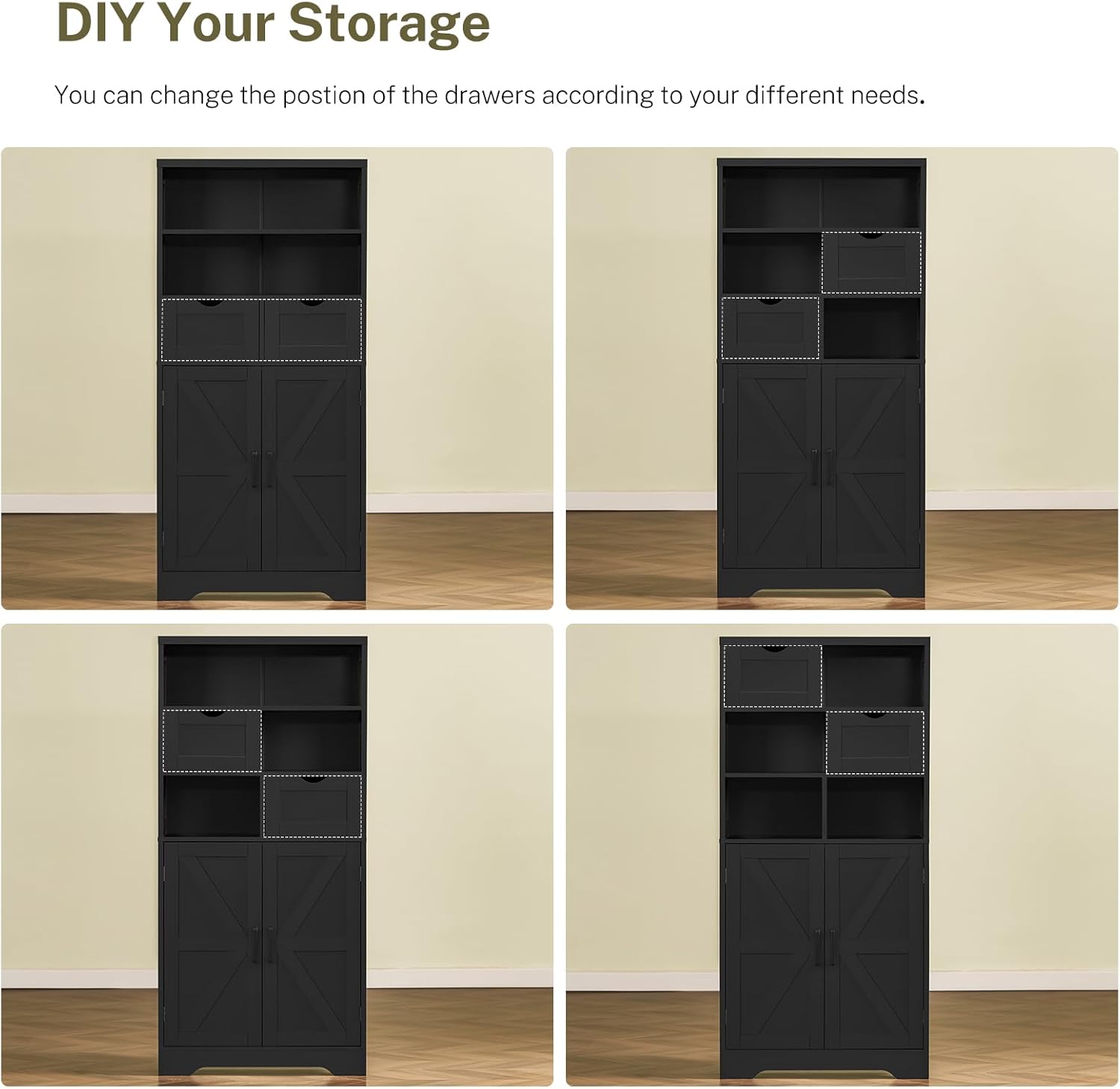 TEENFON Storage Cabinet with Doors & 2 Drawers, Kitchen Cabinet with Adjustable Shelf, Pantry Cabinets, Bathroom Cabinets, for Living Room, Entryway, Home Office, Black