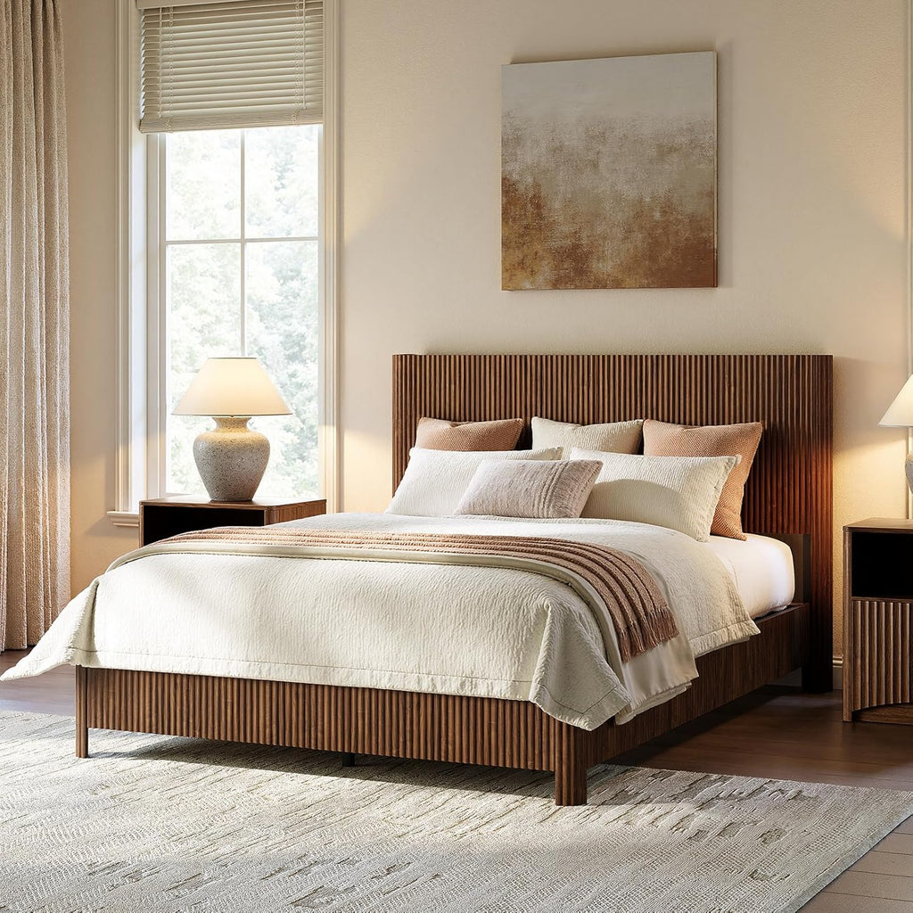 Evermagin Walnut Queen Bed Frame with Headboard, Mid Century Modern Fluted Platform Bed, Boho Wooden Bed Base No Box Spring Needed, Wavy Grooved Panel