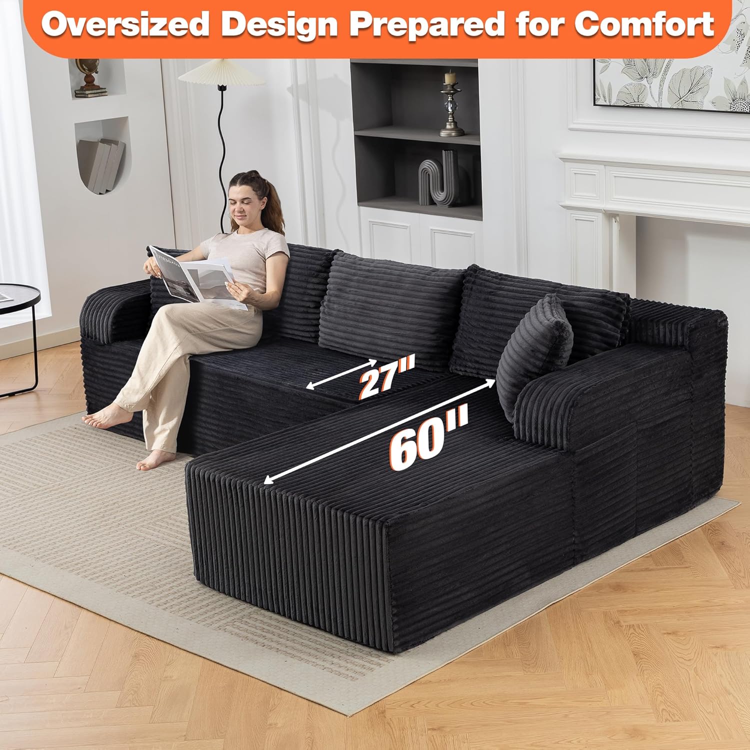 106” Cloud Modular Sectional Sofa with L-Shape Chaise and Deep Seat, Corduroy Memory Foam Boneless Compressed Couch for Living Room, No Assembly Required(Left Facing Chaise, Dark Grey)