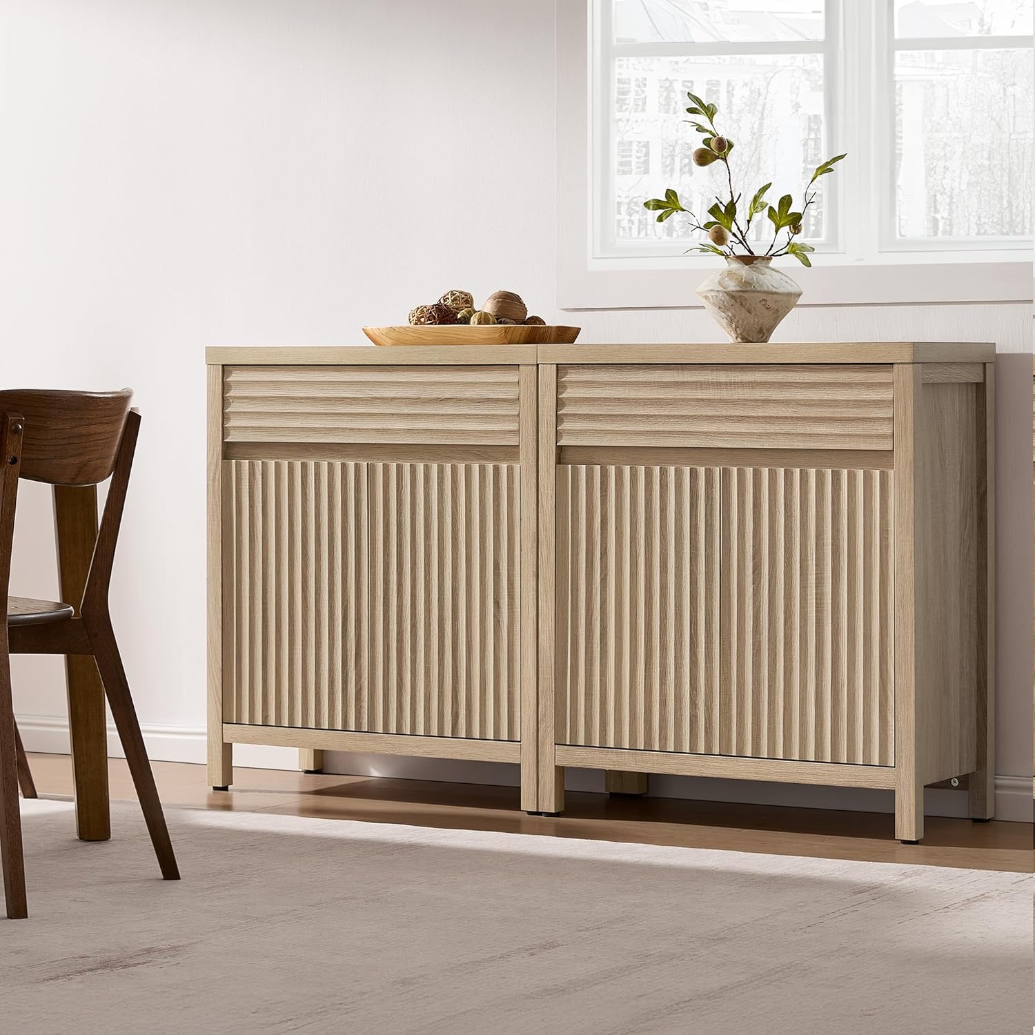 SICOTAS 58" Fluted Buffet Cabinet with Storage, Modern Farmhouse Sideboard with Drawers & 3-Level Adjustable Shelf, Handle-Less Coffee Bar Console Table for Kitchen Living Room Entryway, Light Oak