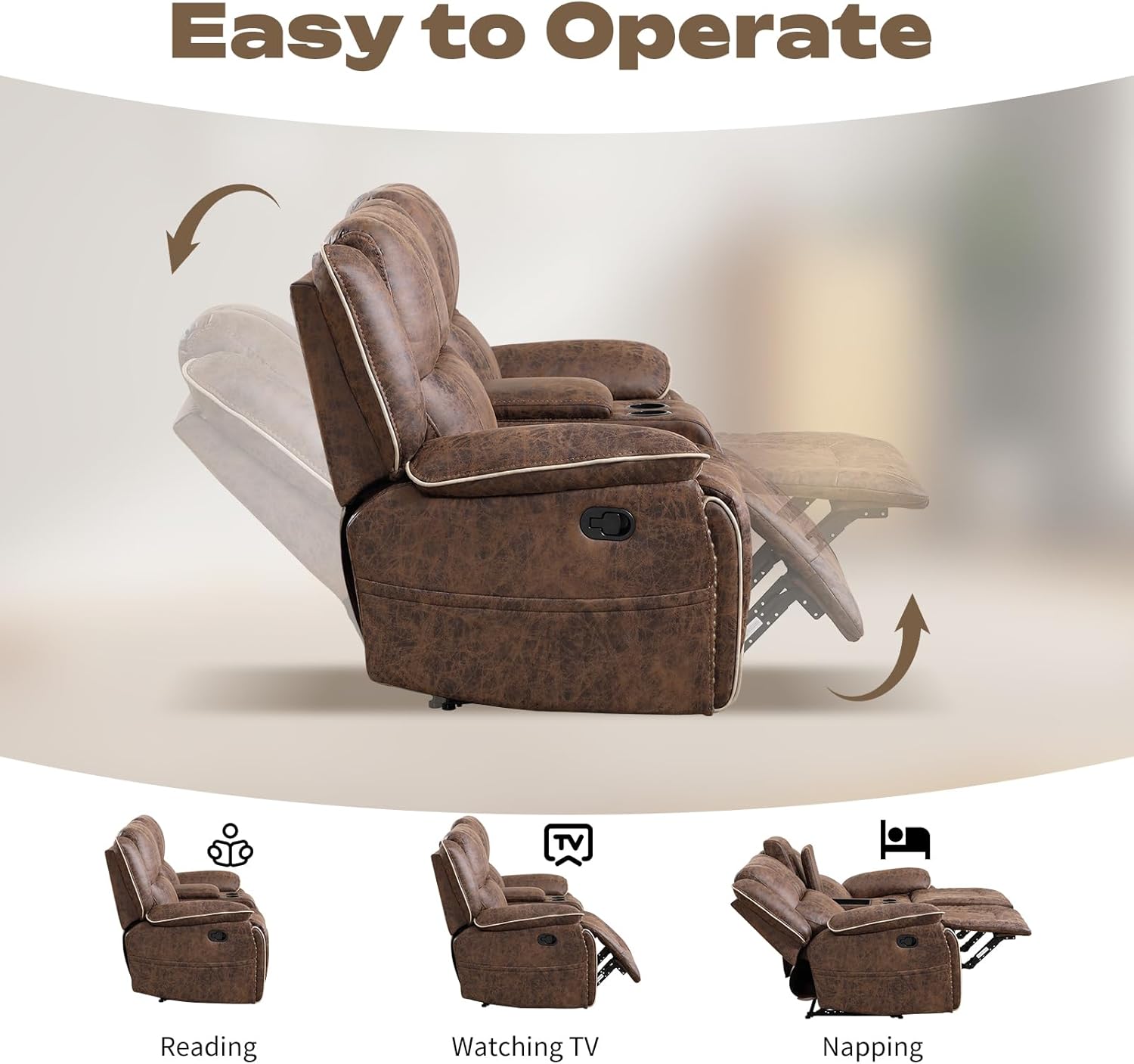 EBELLO Faux Leather Manual Recliner Loveseat, 2 Seater Reclining Sofa Chair with Center Console, Hidden Storage and Cup Holders, Vintage Rivet Mid-Century Design for Living Room, Meeting Room, Brown