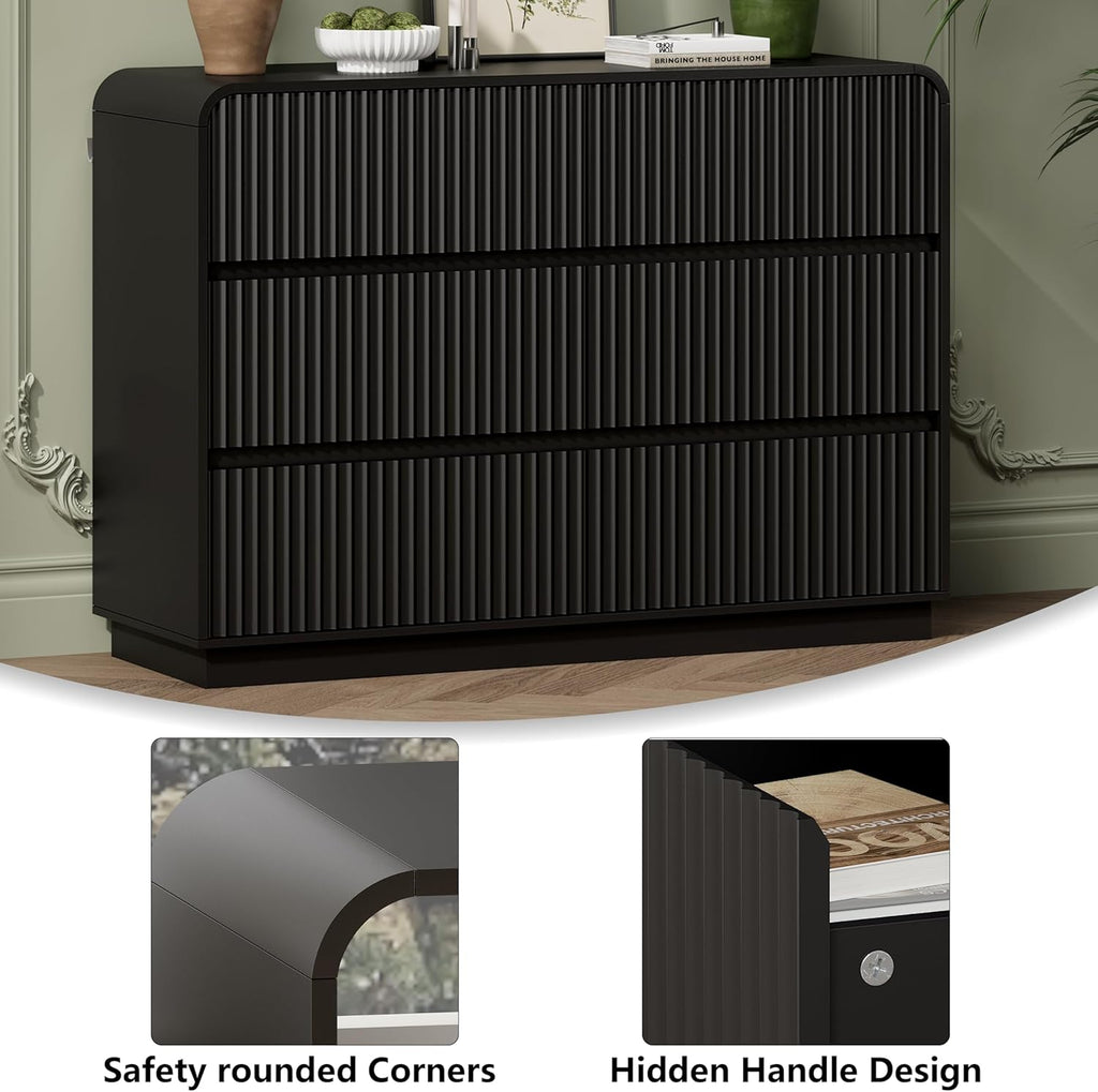 Black Dresser Fluted 6 Drawers Dresser for Bedroom, 47" Wide Wood Chest of Drawers with Hidden Handles & Rounded Corners, Modern TV Stand Storage Cabinet for Living Room, Hallway, Entryway