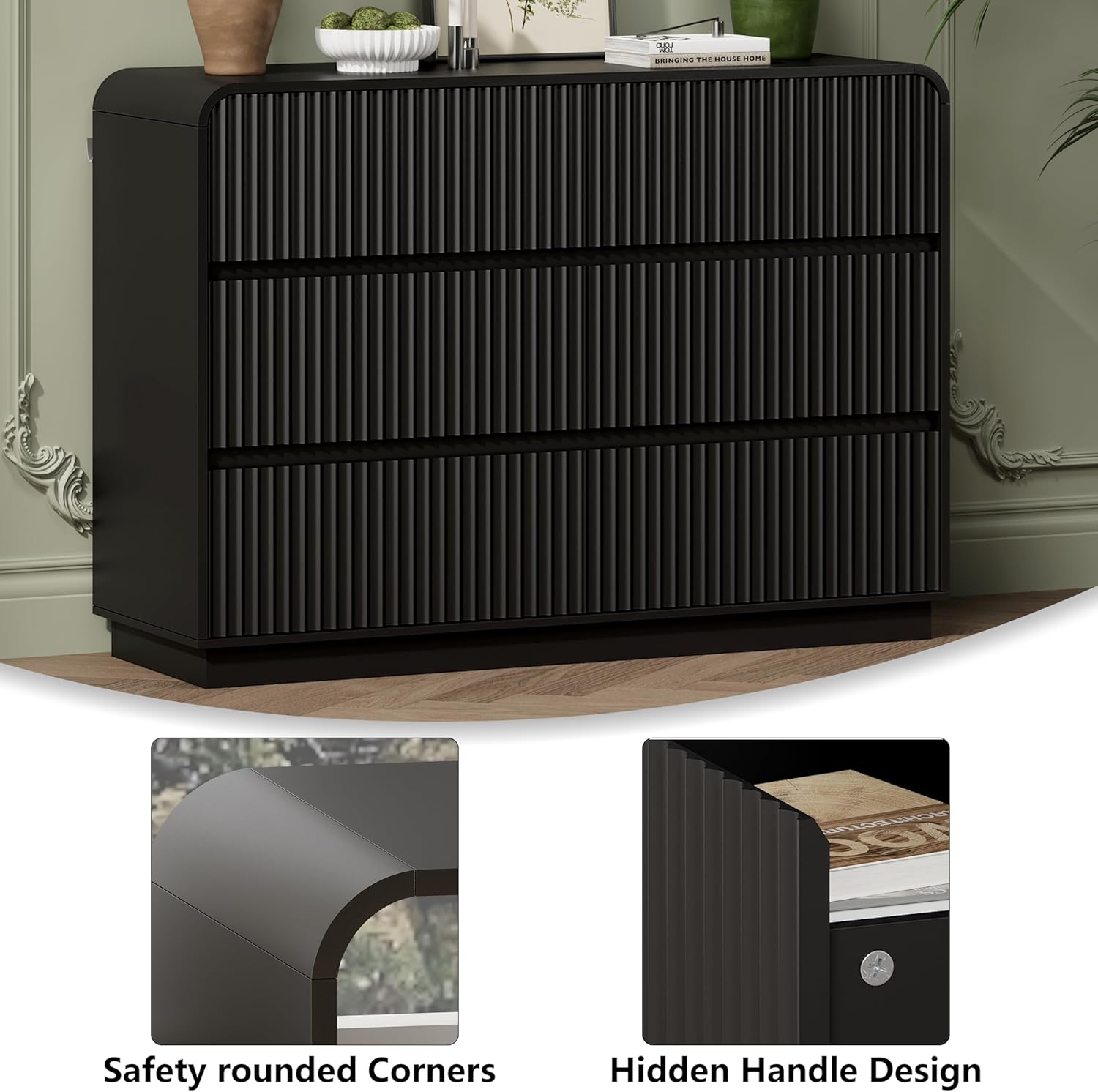 Black Dresser Fluted 6 Drawers Dresser for Bedroom, 47" Wide Wood Chest of Drawers with Hidden Handles & Rounded Corners, Modern TV Stand Storage Cabinet for Living Room, Hallway, Entryway