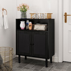 Rattan Storage Cabinet, Boho Accent Cabinet with Double Doors, Small Freestanding Sideboard for Hallway, Laundry Room,Kitchen, Dining Room, Entryway (Black)